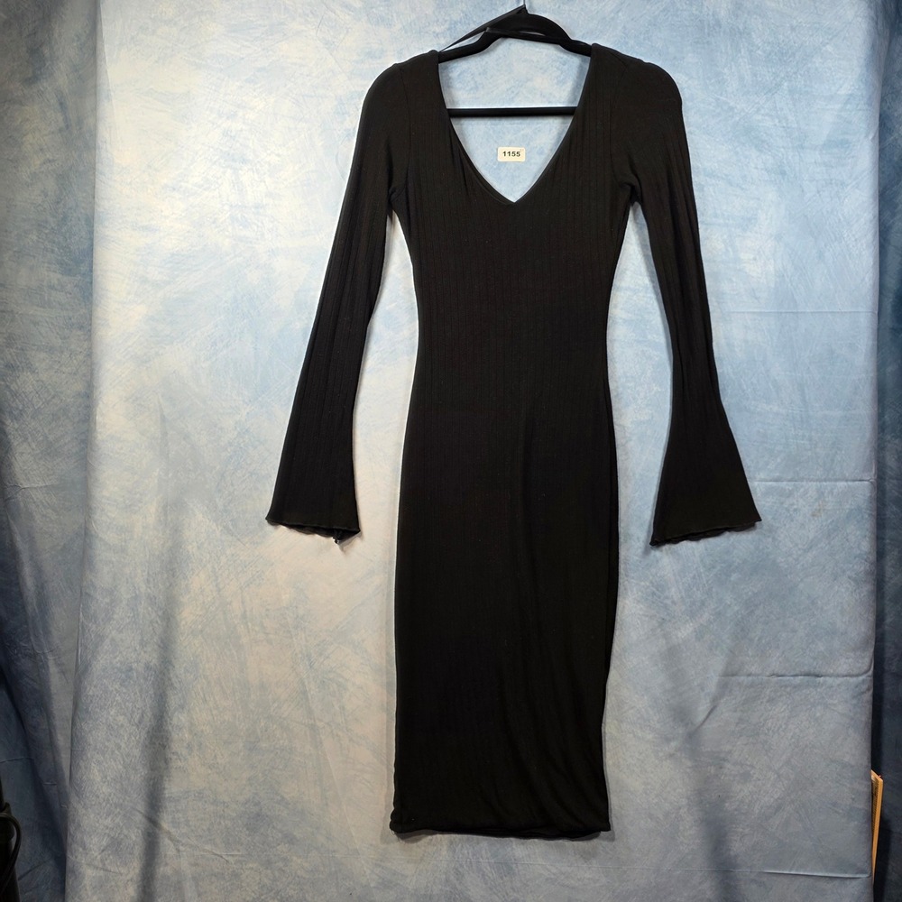 Windsor Black Ribbed V-Neck Bell Sleeve Bodycon Midi Dress Womens S